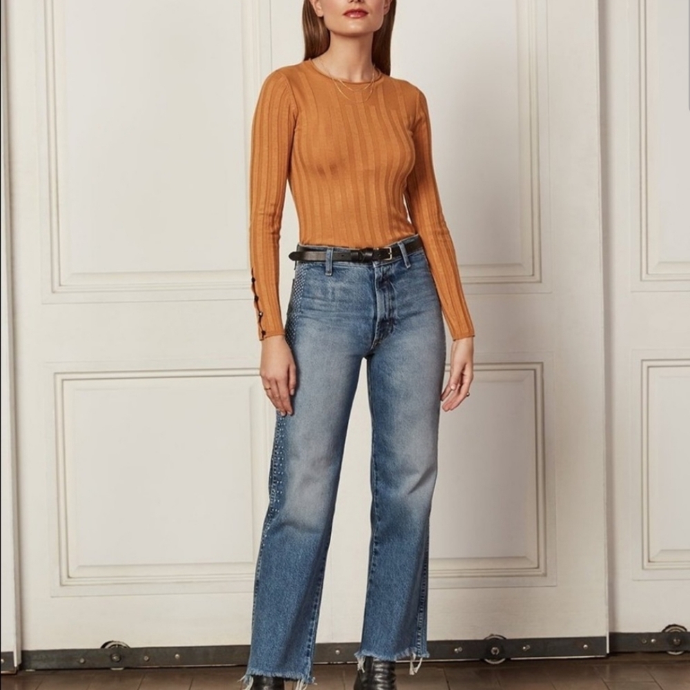 Boyish by Her Straight Jeans Womens 24 Blue Kirby Hi-Rise Raw Hem Top Stitch